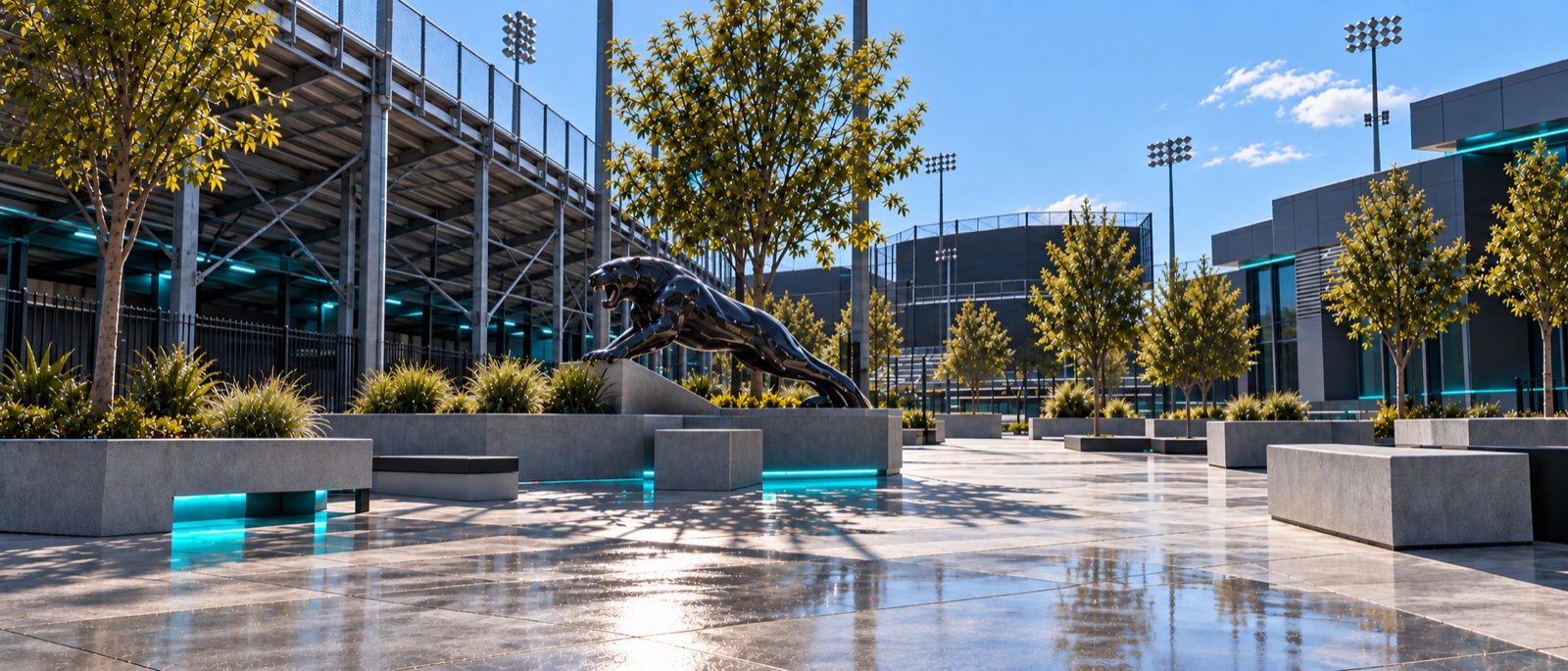PV Academy of Arts plaza behind the sports complex with the panther statue