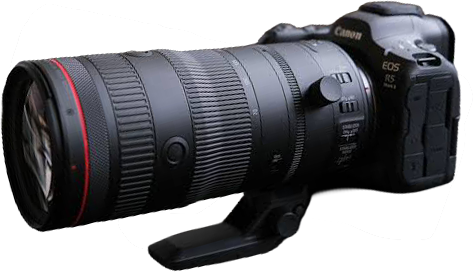 Canon EOS R5 Mark II with a black telephoto zoom lens