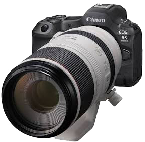 Canon EOS R5 Mark II with a white telephoto zoom lens