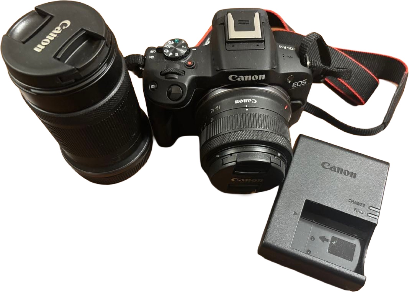 The classroom Canon EOS R50 kit: camera body, two lenses, battery charger, and strap