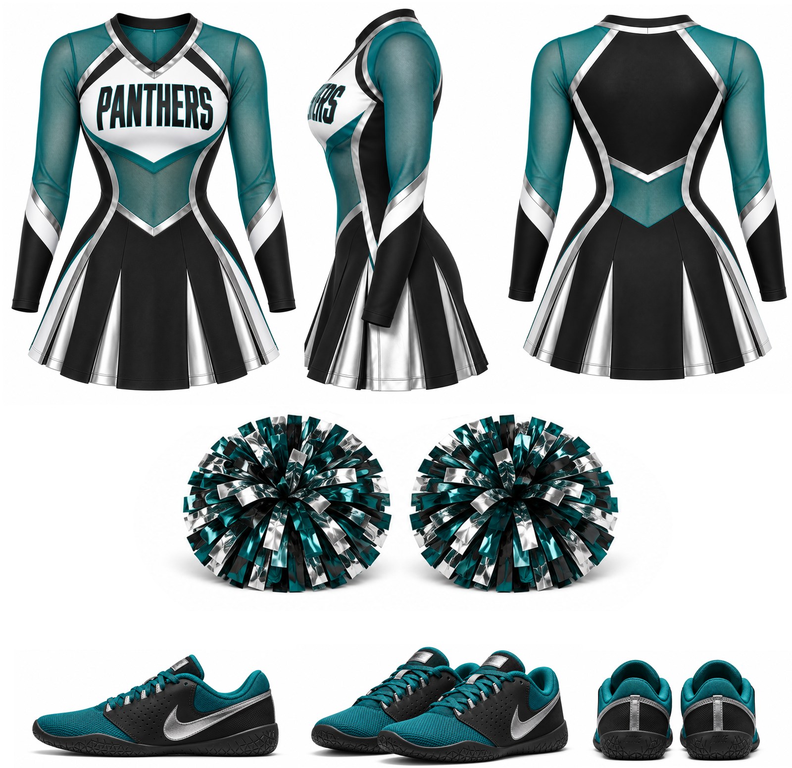 PV Panthers cheer outfit: dress front, side, and back views, pom-poms, and shoes
