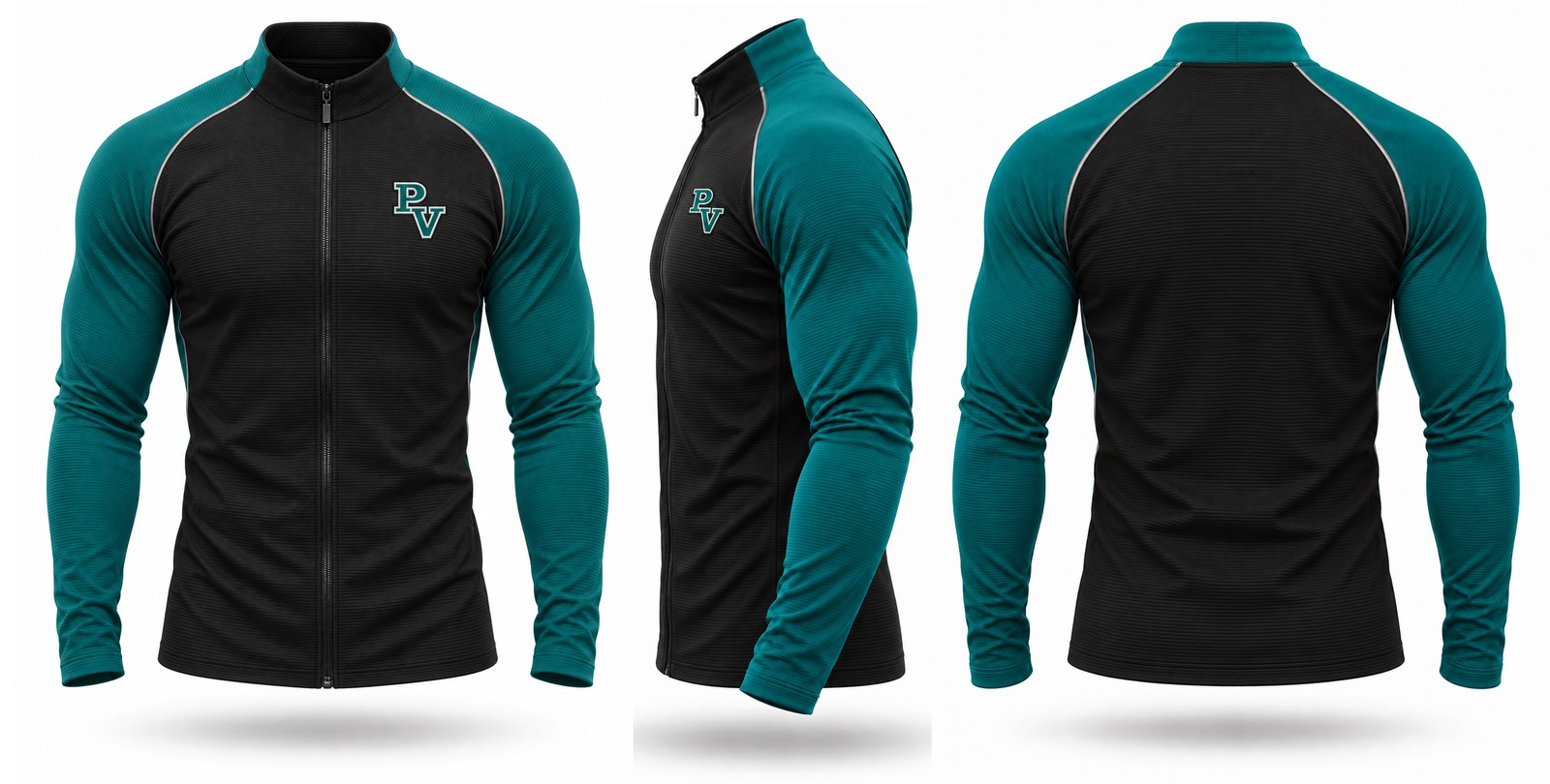 PV men's quarter-zip jacket, black and teal: front, side, and back views