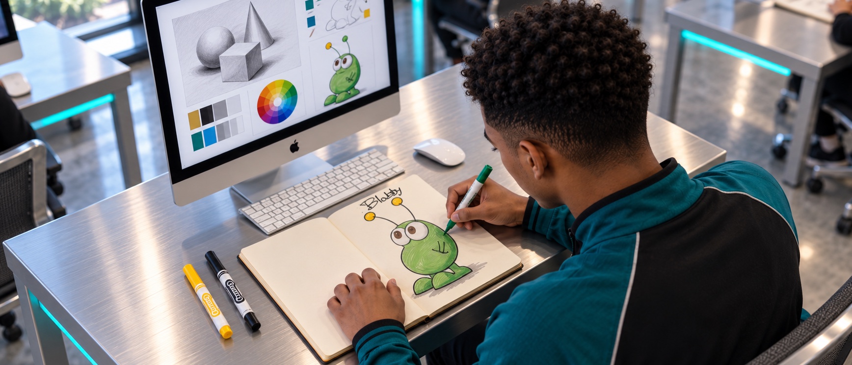 A Pioneer Valley student in the design lab redrawing their original character in color, with form studies and a color wheel on the screen