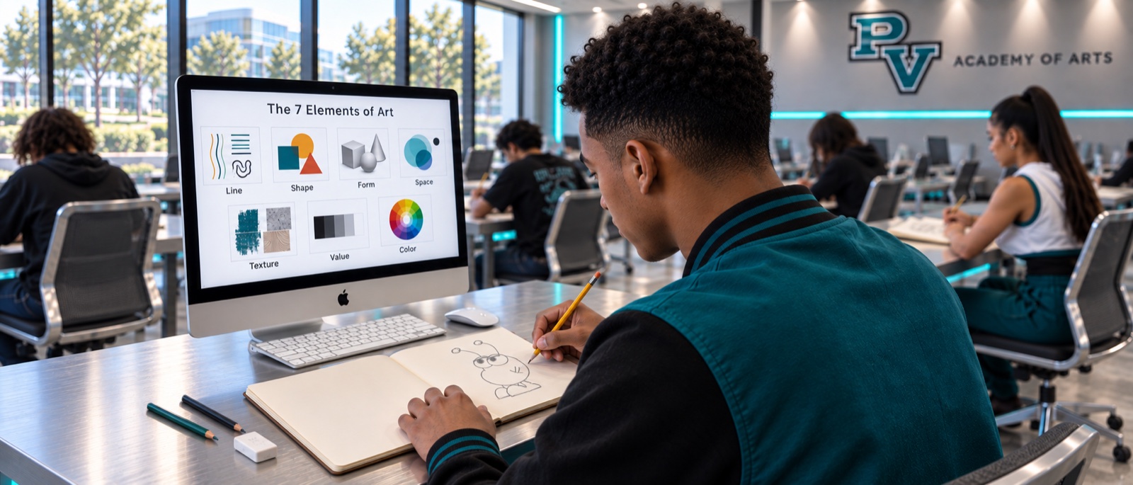 A Pioneer Valley student in the Academy of Arts lab sketching an original character in a sketchbook, with a screen showing the 7 Elements of Art