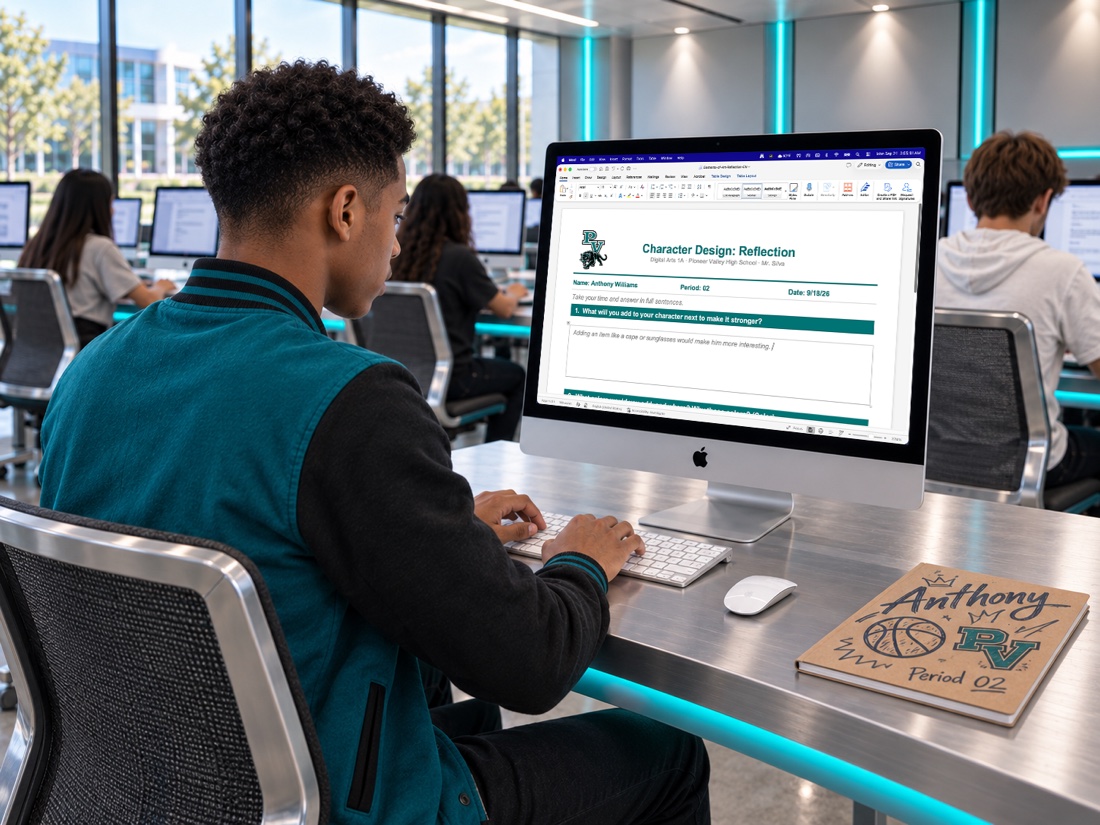 A Pioneer Valley student typing the Character Design reflection in the Word document on an iMac in the creative lab, a decorated sketchbook on the desk
