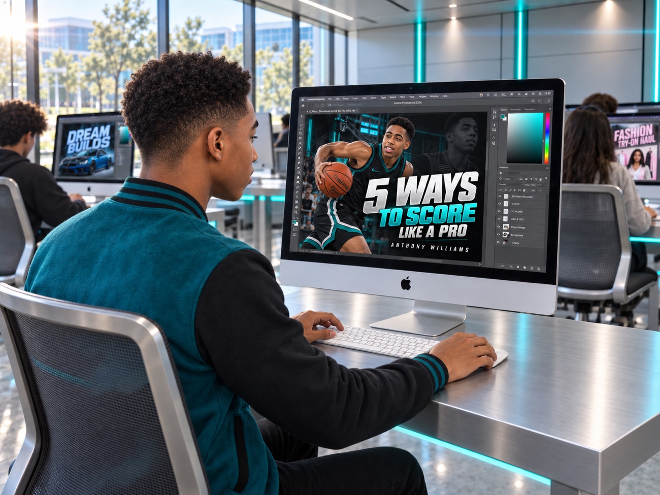 A Pioneer Valley student in the design lab making his own YouTube thumbnail in Photoshop, a bold ‘5 Ways to Score Like a Pro’ basketball design on the iMac screen