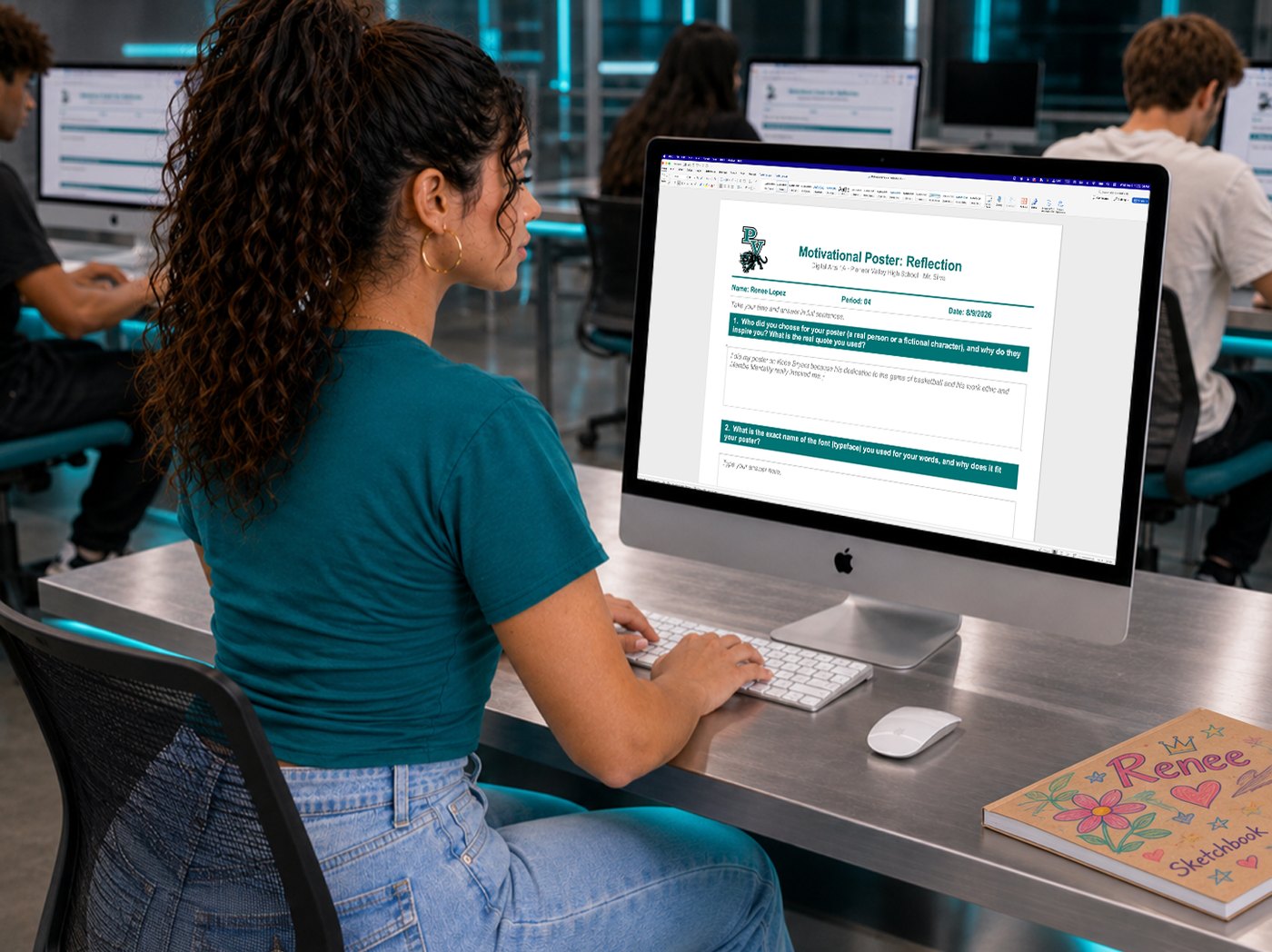 A student filling out the Motivational Poster reflection document on a lab computer