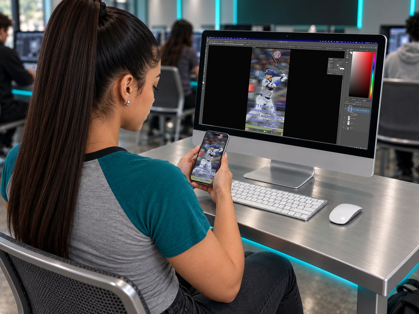 A student in the design lab holding her phone with the finished wallpaper, the same design open in Photoshop behind her