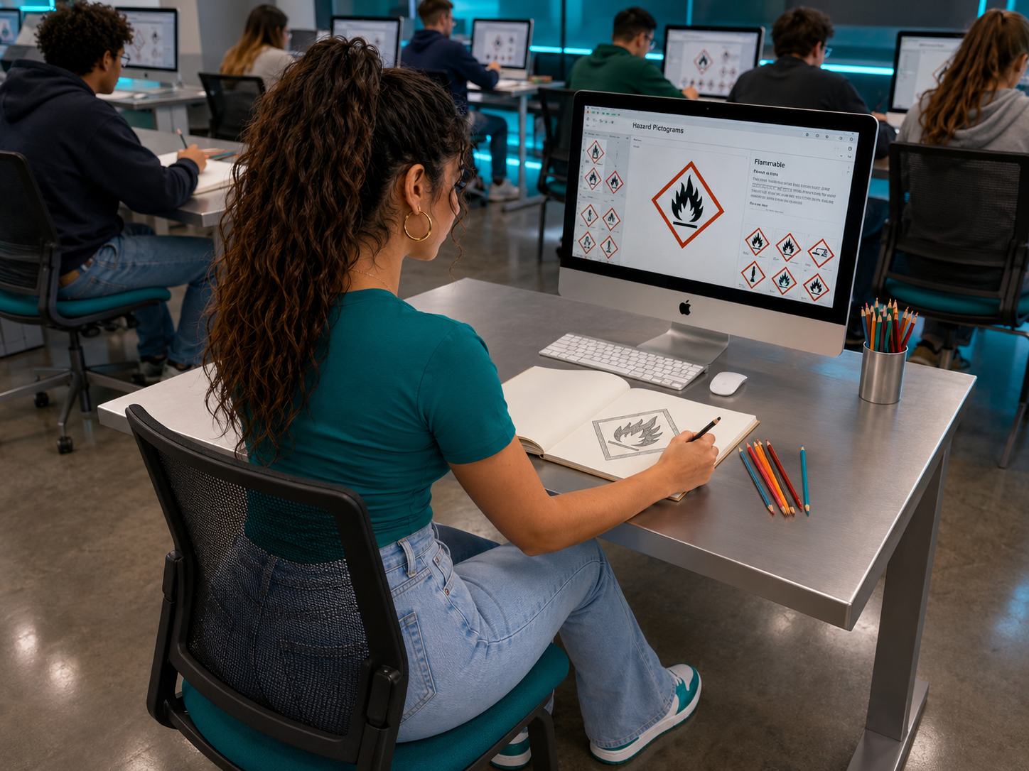 Student sketching a pictogram in a sketchbook