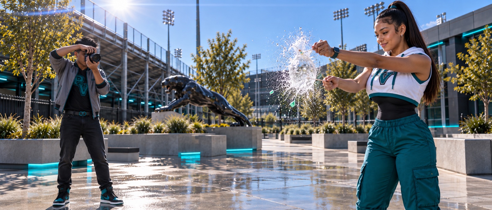 Two Pioneer Valley students outside by the panther statue: one aims a camera while the other pops a water balloon, the water frozen in mid-air as a clear globe