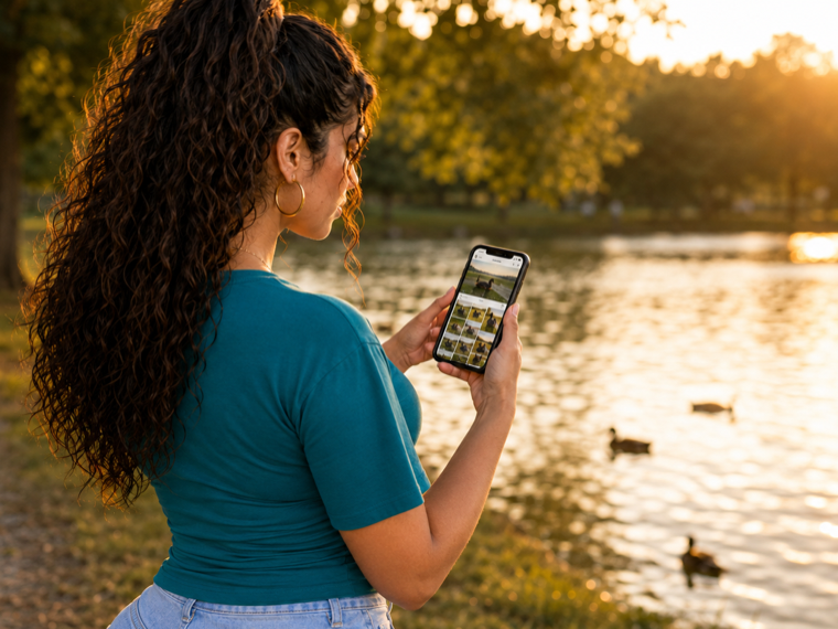 A student reviewing her photos on a phone
