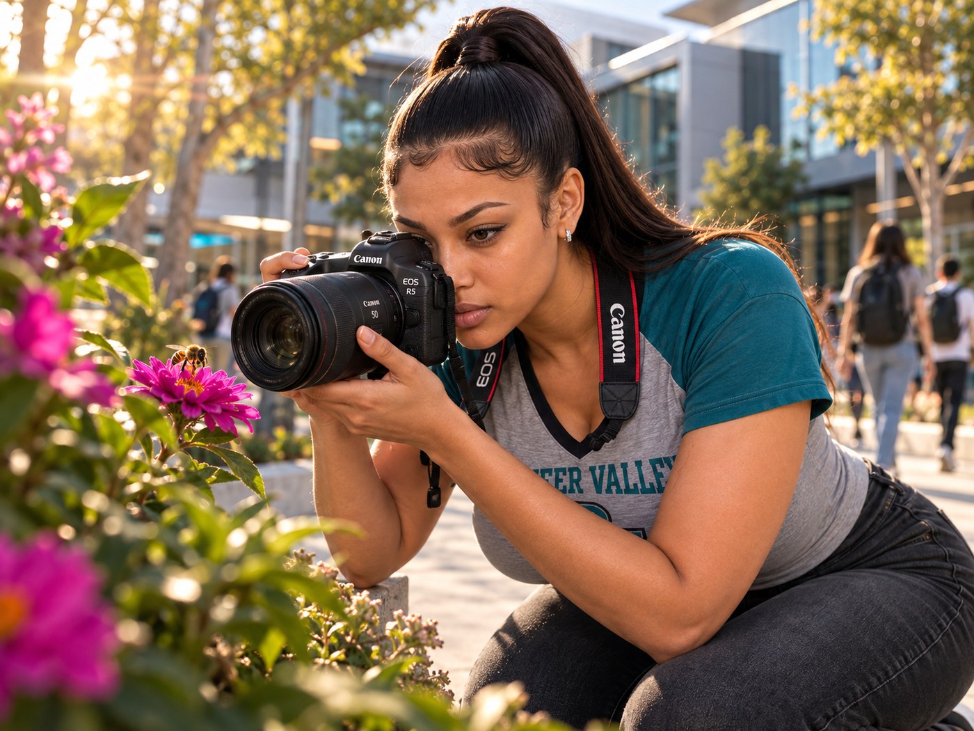 A Pioneer Valley student kneeling to photograph a bee on a pink flower with a Canon EOS R5 on campus in golden light