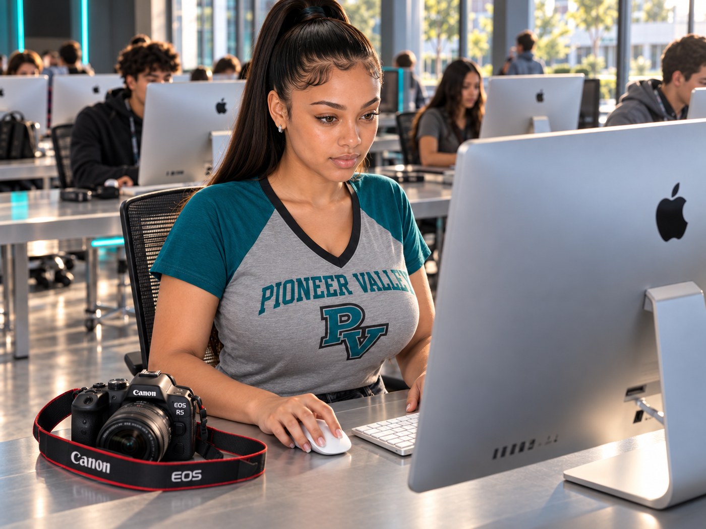 A Pioneer Valley student editing her photos on an iMac in the lab, with her Canon EOS R5 on the desk