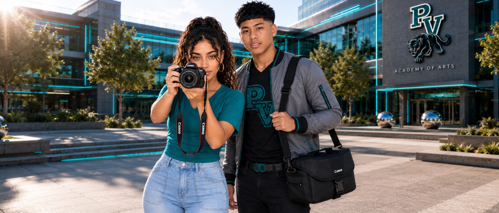 Two Pioneer Valley students on a photo walk, one holding a Canon camera, outside the Academy of Arts building