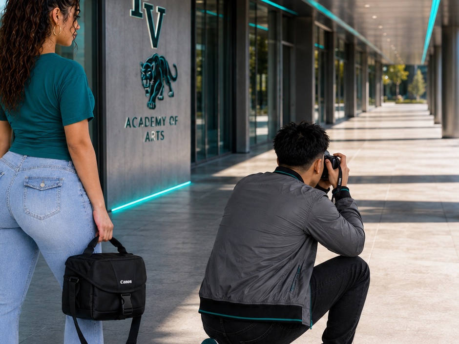 A student kneeling to photograph down a long covered walkway whose columns lead the eye to a vanishing point, while a partner watches