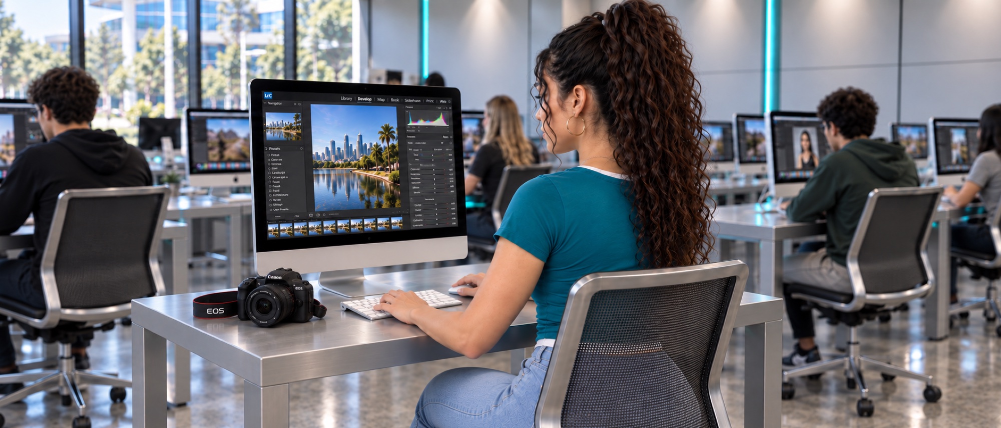 A Pioneer Valley student editing a cityscape photo in the Lightroom Classic Develop module on an iMac in the creative lab, a Canon EOS camera on the desk, with other students editing behind her