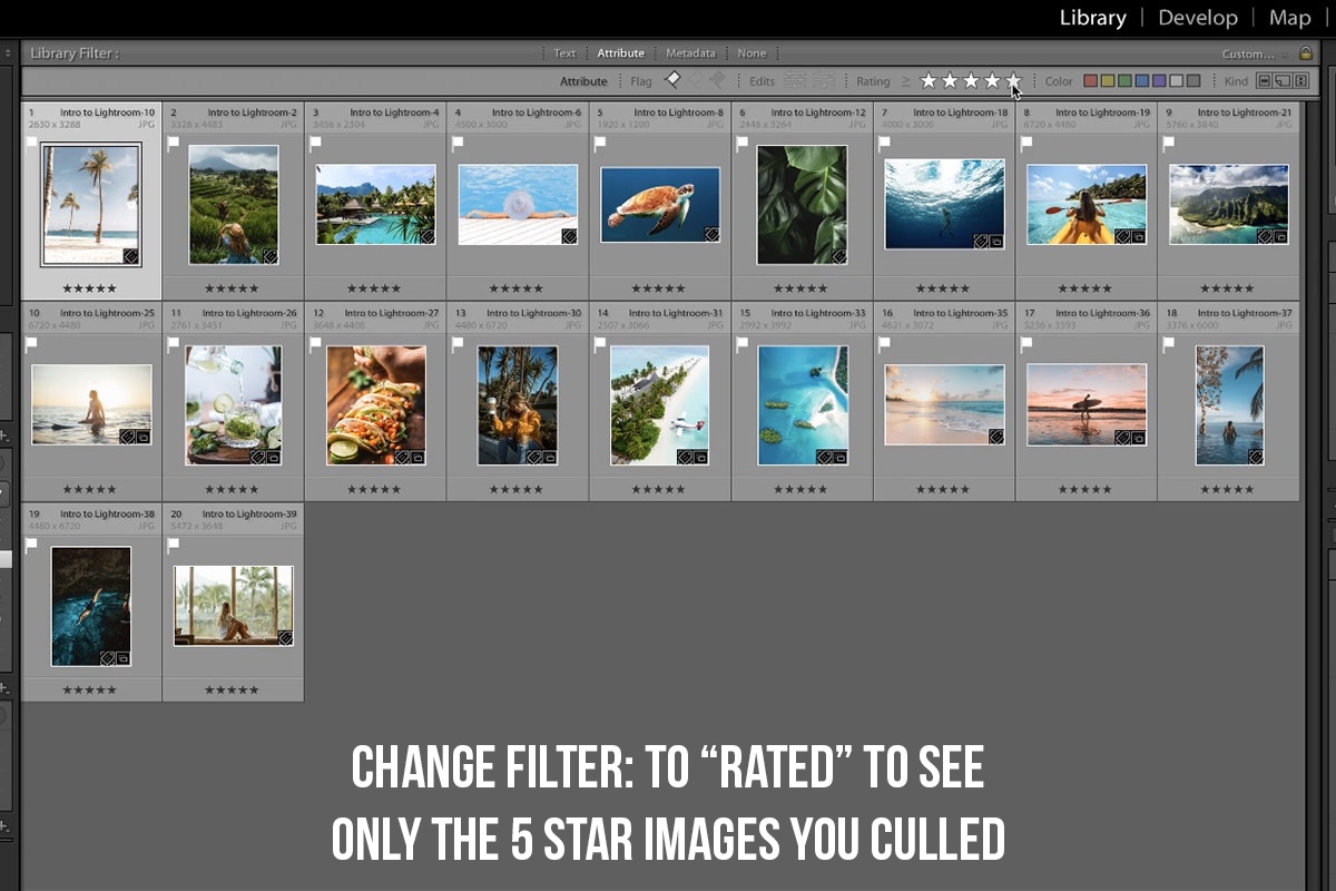 The Lightroom Classic Library view filtered to 5-star photos, with the Filter Bar set to Attribute
