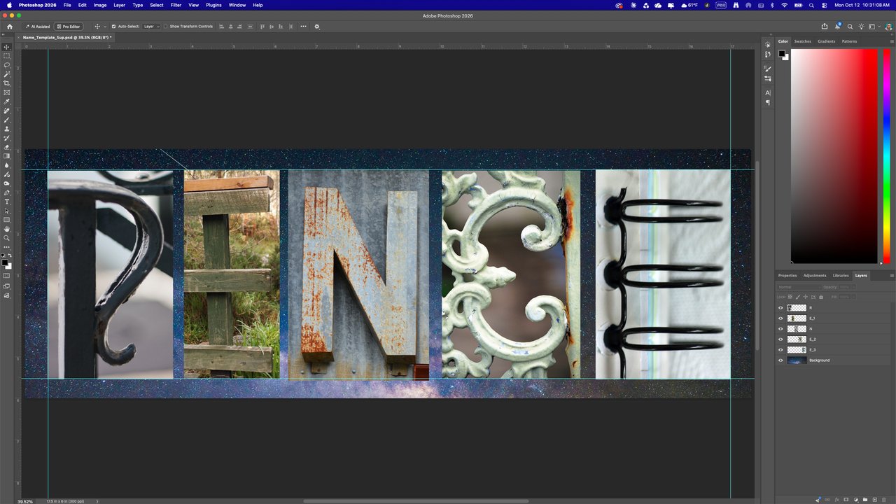 Adobe Photoshop open with the name RENEE spelled out in the collage template: five found-letter photos in a row over a starry background, with the layers listed on the right