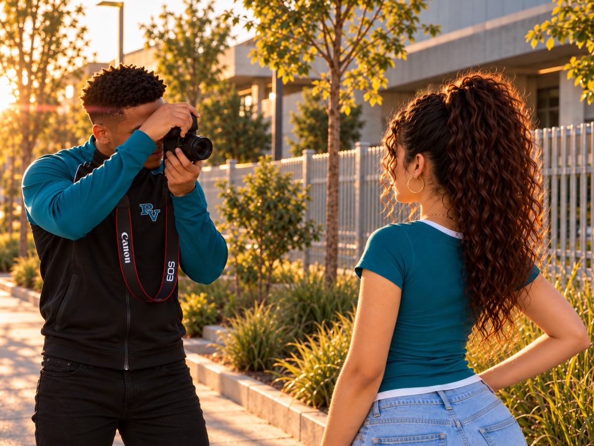 A Pioneer Valley student photographing a partner in open shade with the Canon R50 held in portrait orientation