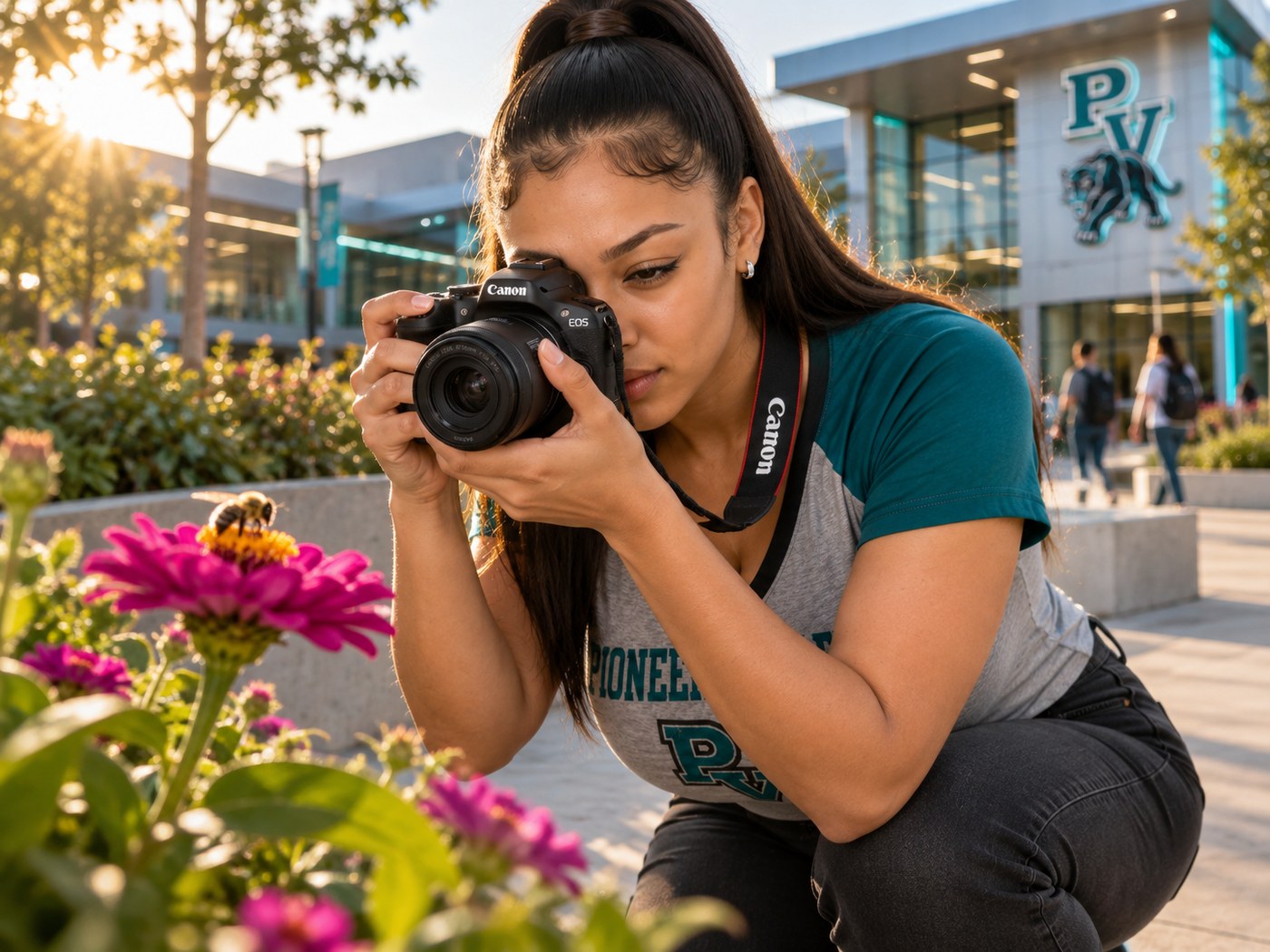 A Pioneer Valley student kneeling to photograph a pink flower with a bee, using a Canon camera in golden light in front of the PV campus