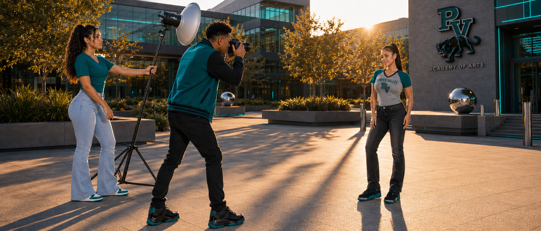 Students lighting an outdoor portrait with off-camera flash at the PV Academy of Arts