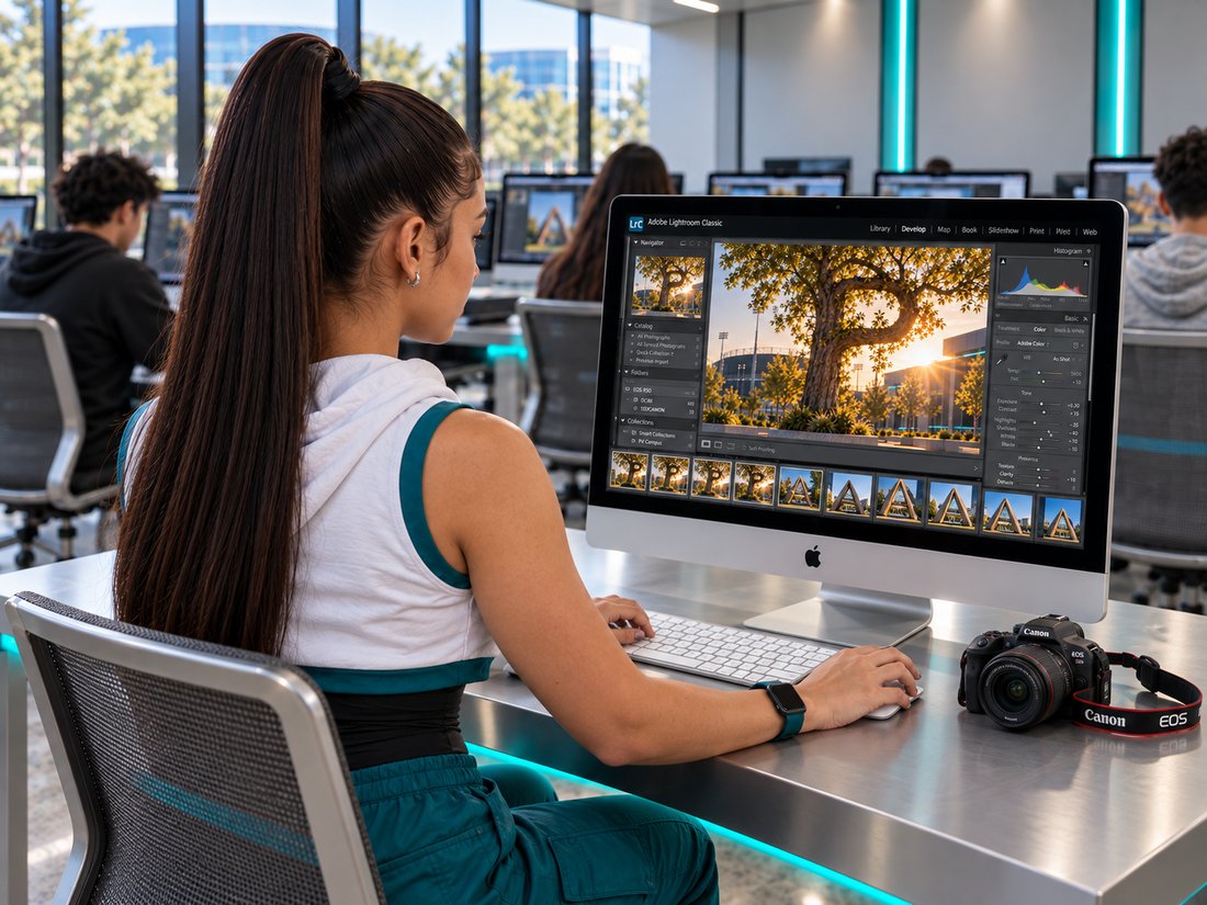 A Pioneer Valley student editing her letter photos in Adobe Lightroom Classic on an iMac in the lab, a tree forming a letter on the screen
