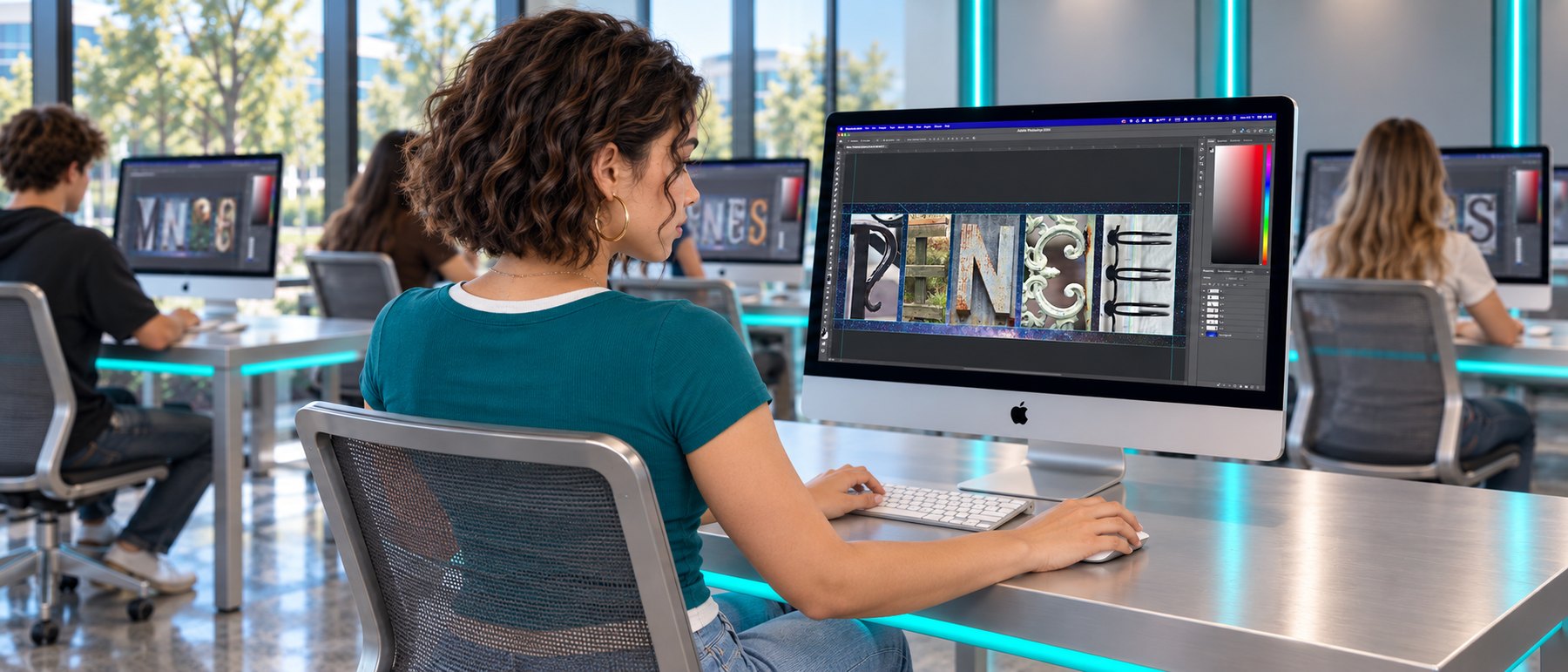 A Pioneer Valley student working in Adobe Photoshop on an iMac in a bright computer lab, placing found-letter photos to spell the name RENEE, with classmates working at iMacs behind her