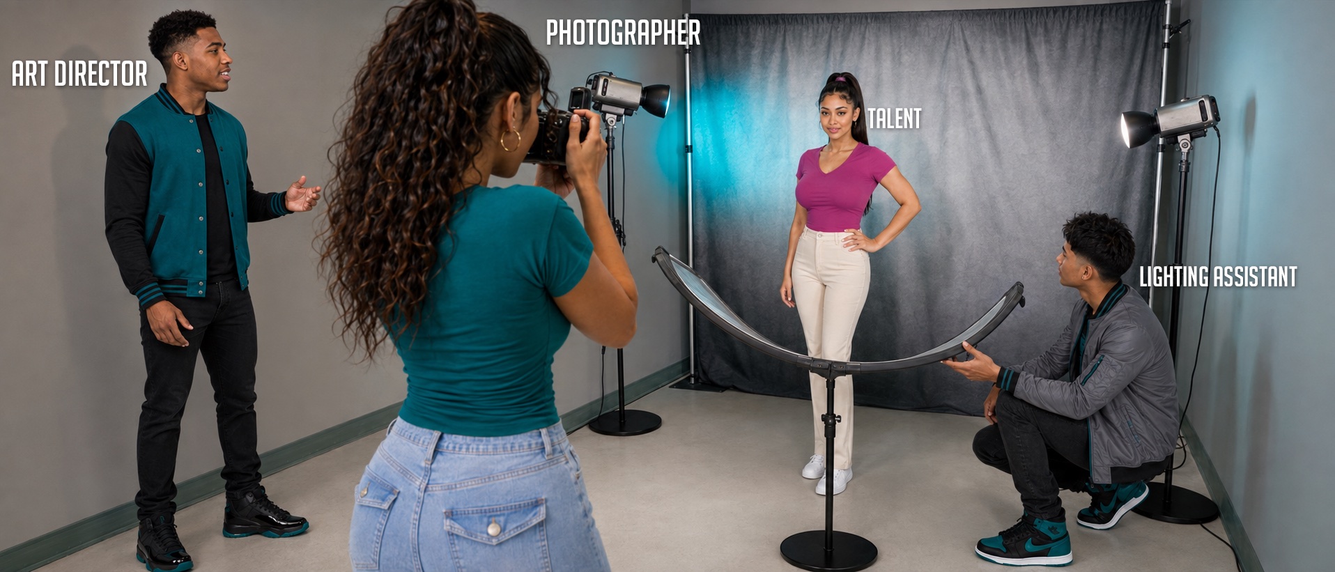 The three-person studio crew at work, labeled Art Director, Photographer, and Lighting Assistant, with the Subject posing on the backdrop