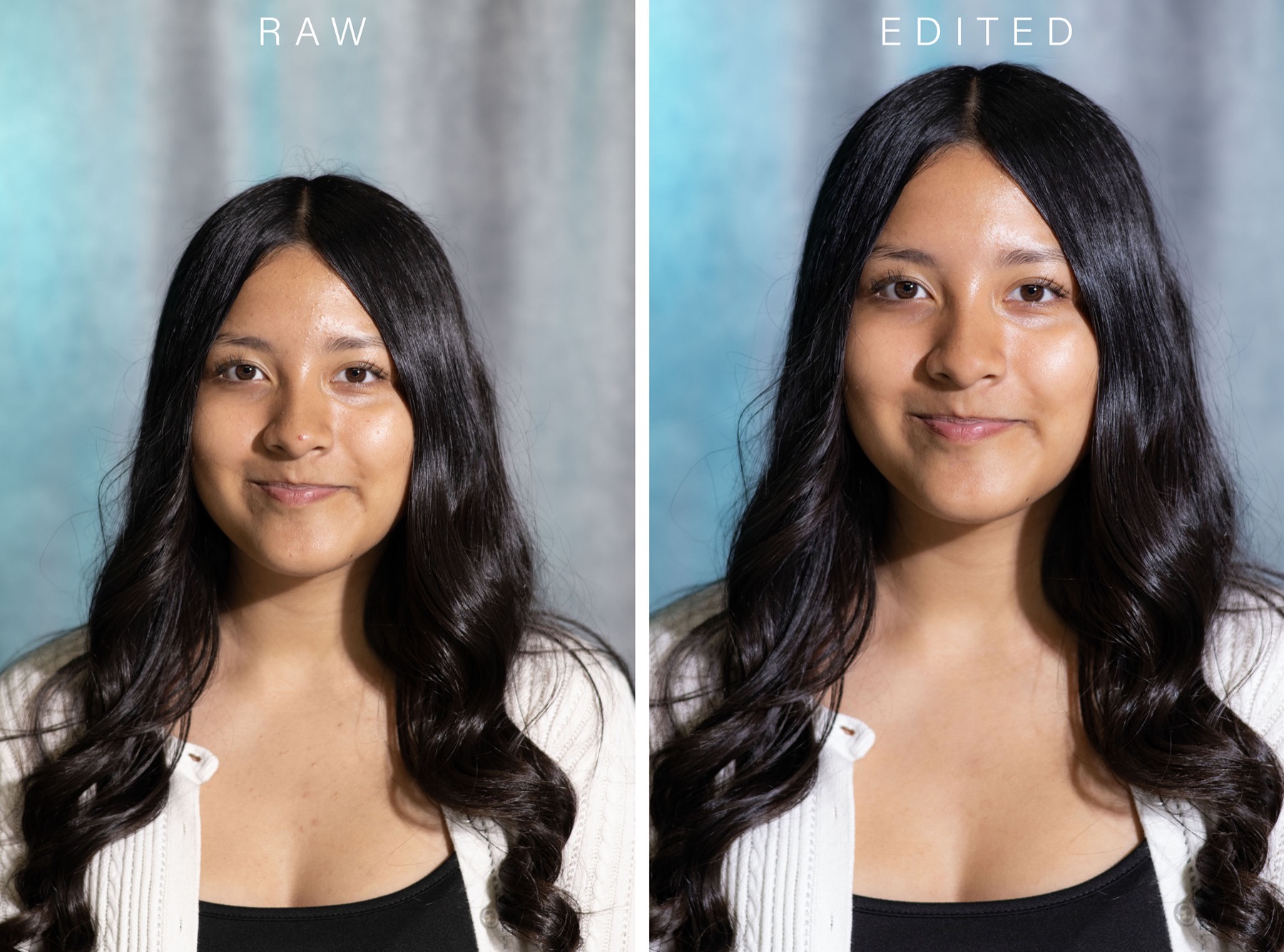 A raw studio portrait on the left next to the edited, retouched final on the right
